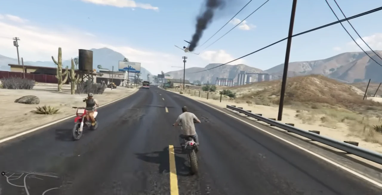open-world motorbike road chase with plane crash gameplay clip